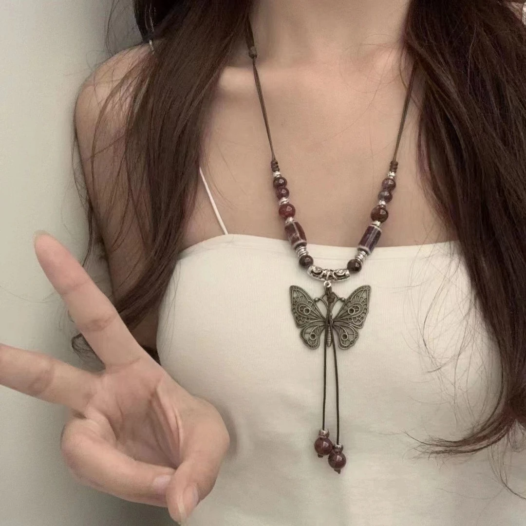 铜合金项链 项链女新中式配饰马面裙长款串珠蝴蝶国风民族风