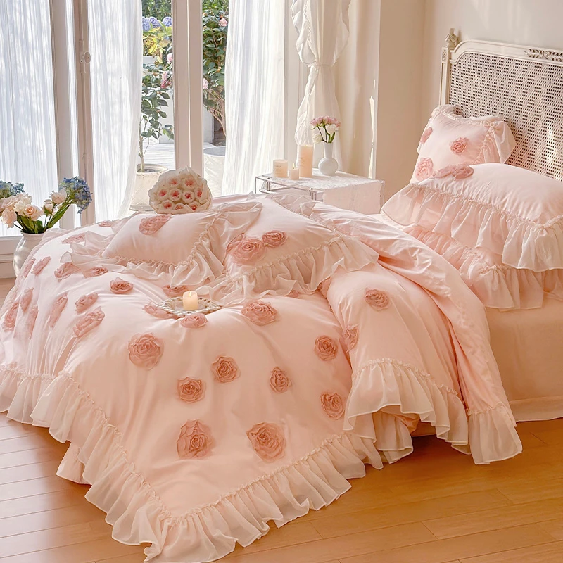 皇后娘娘轻奢法式花边全棉床裙款四件套公主风少女心纯棉被套床单