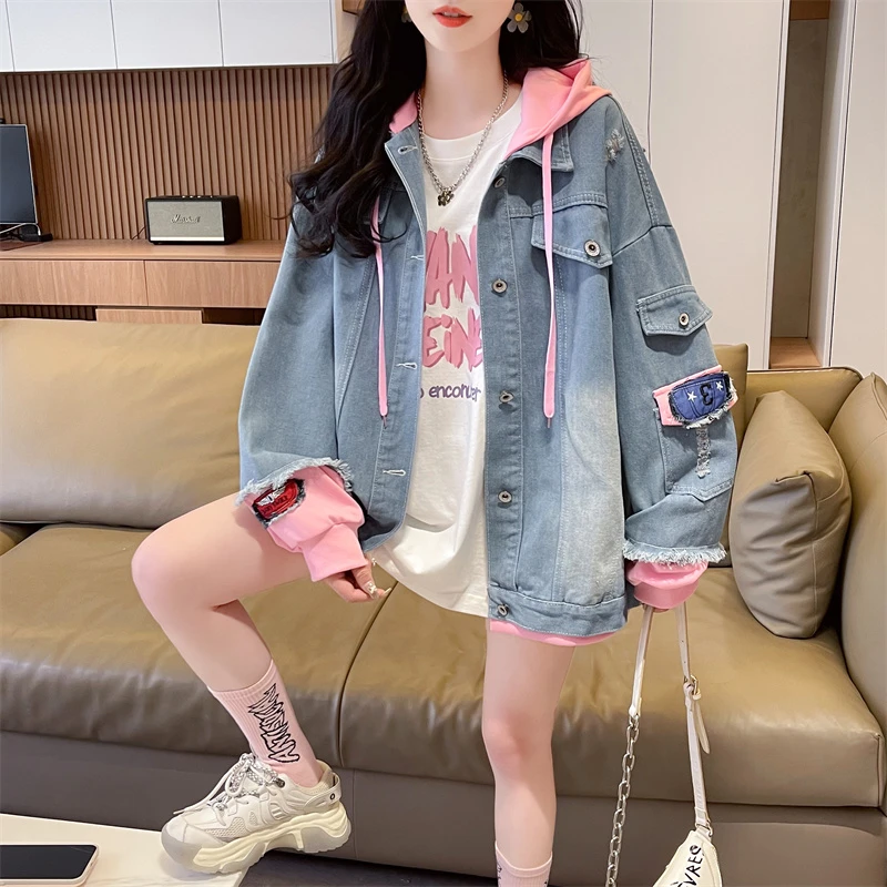 韩系穿搭外衣初高中学生牛仔外套女开春秋新爆薄款假两件连帽开衫
