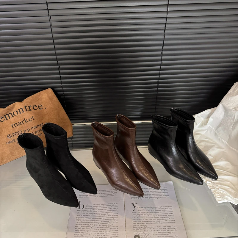 秋冬中跟高跟内增高裸靴尖头时装靴时尚短靴法式增高