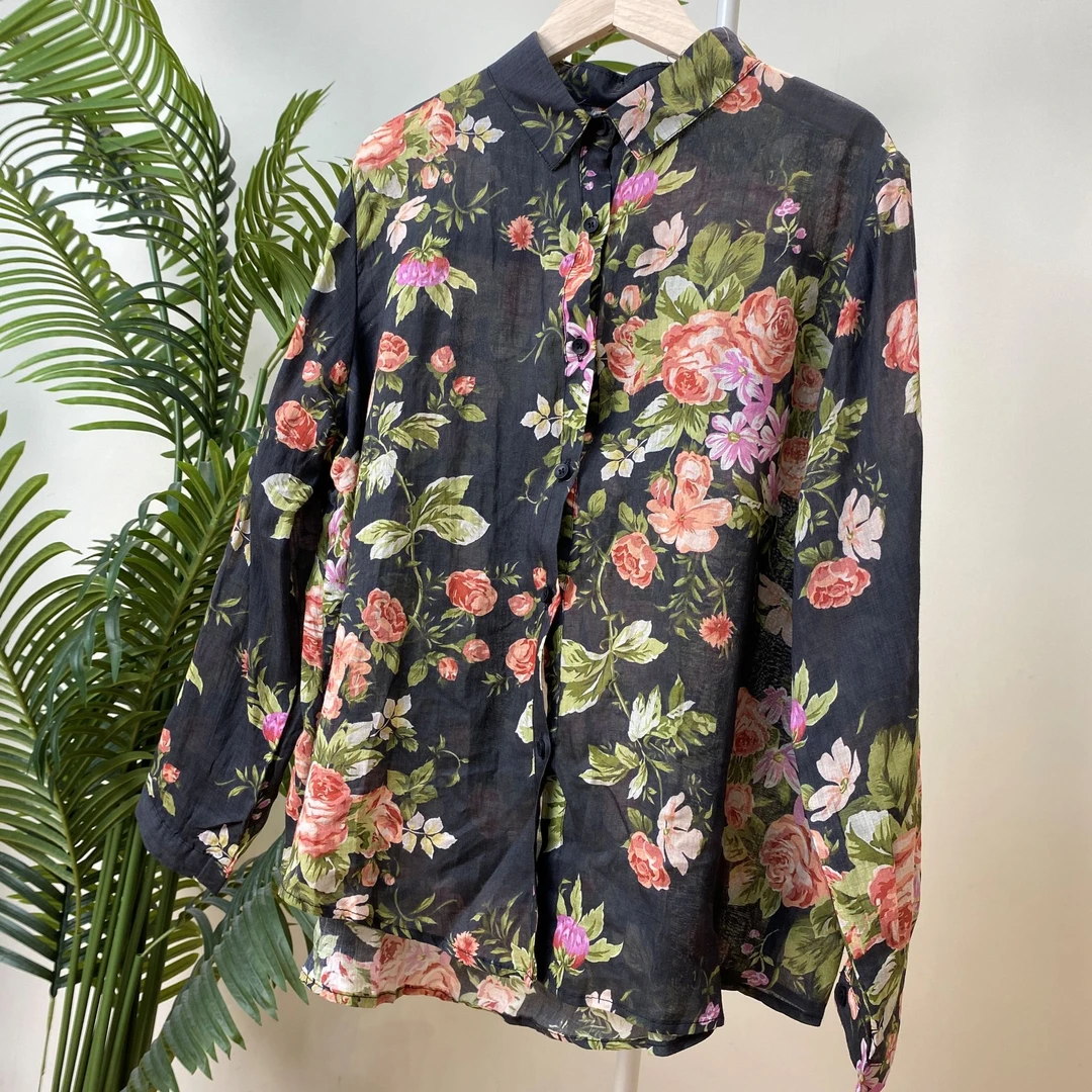 【黑色玫瑰印花苎麻衬衫】2862