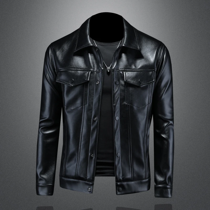 休闲皮衣男士翻领潮流时尚韩版修身皮夹克春秋季帅气机车短款外套