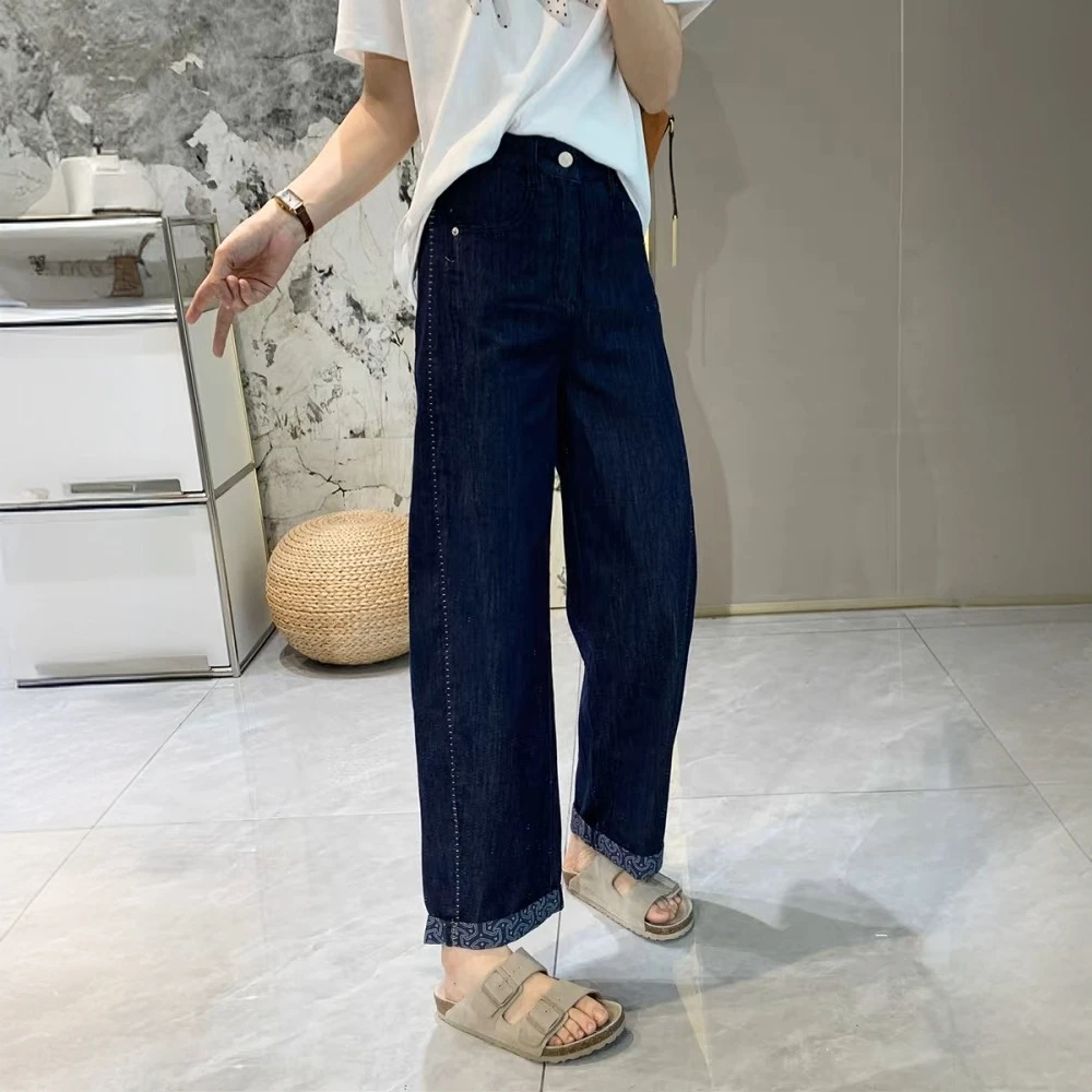 薄款清凉印花卷边阔腿牛仔裤女2025夏季薄款防褪色宽松九分镰刀裤