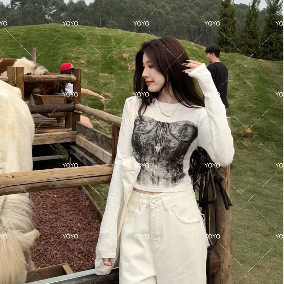 YOYO自制【火辣身材】春夏2025新款显瘦辣妹修身设计感印花长袖上衣