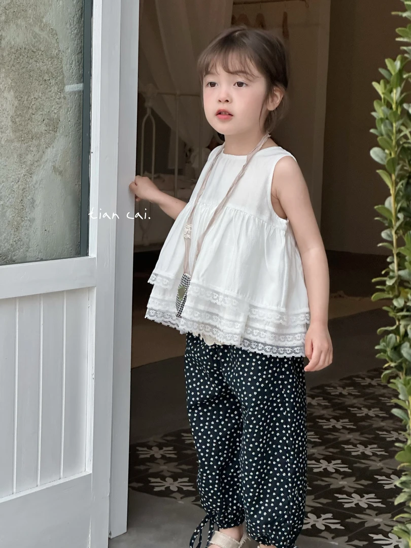 甜菜 25夏 女童森系无袖吊带蕾丝边上衣韩版夏款时尚碎花