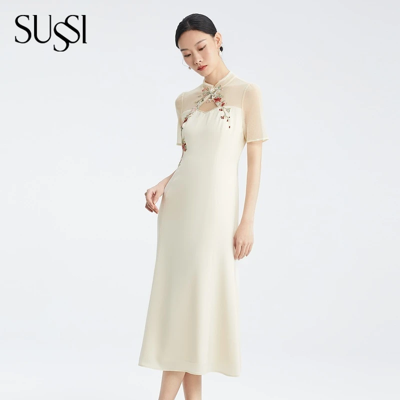 SUSSI/古色秋季新品商场同款米白中式收腰鱼尾旗袍裙111AY306223