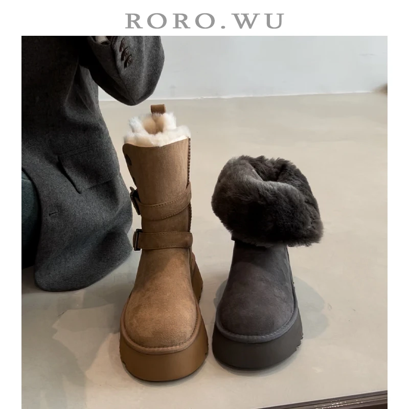 娆娆吴·翻折两穿保暖皮带扣毛毛靴秋冬新款粗跟短筒雪地靴女Z58