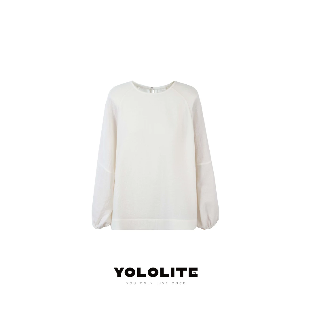 【墨韵】3190新款100%羊毛后背纽扣灯笼袖圆领长袖上衣M