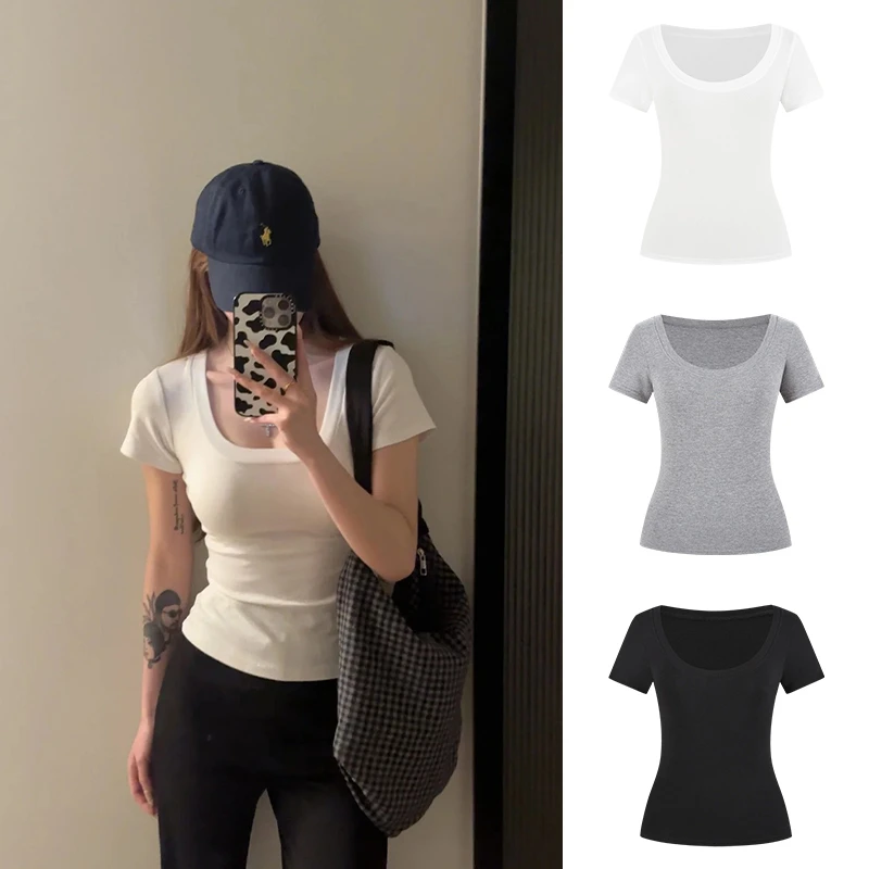 Moses Queen/魔西女王纯欲U领正肩t恤收腰修身显瘦低领短袖上衣