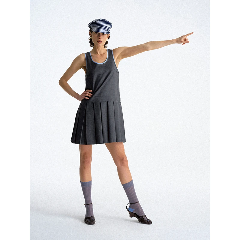 FLOWERSAYS：屈曲花  学院miu*系假两件 无袖百褶连衣裙