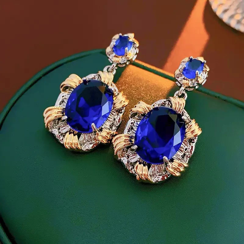 铜合金合成锆石耳饰 蓝色耳饰耳环原创设计奢华复古宫廷欧美风