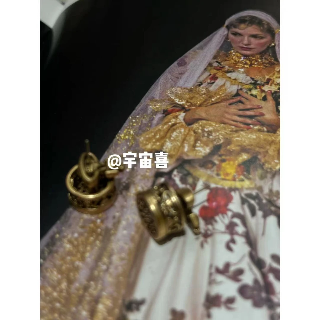 铜合金锆石耳饰  F4-038【古金圆形扣子徽章星球灰锆前后耳钉】