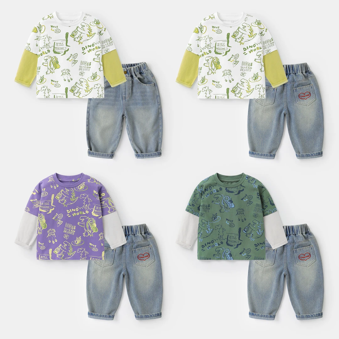 【春季满印T恤套装】男童上衣牛仔裤子春秋新款儿童装洋气韩版UZ725