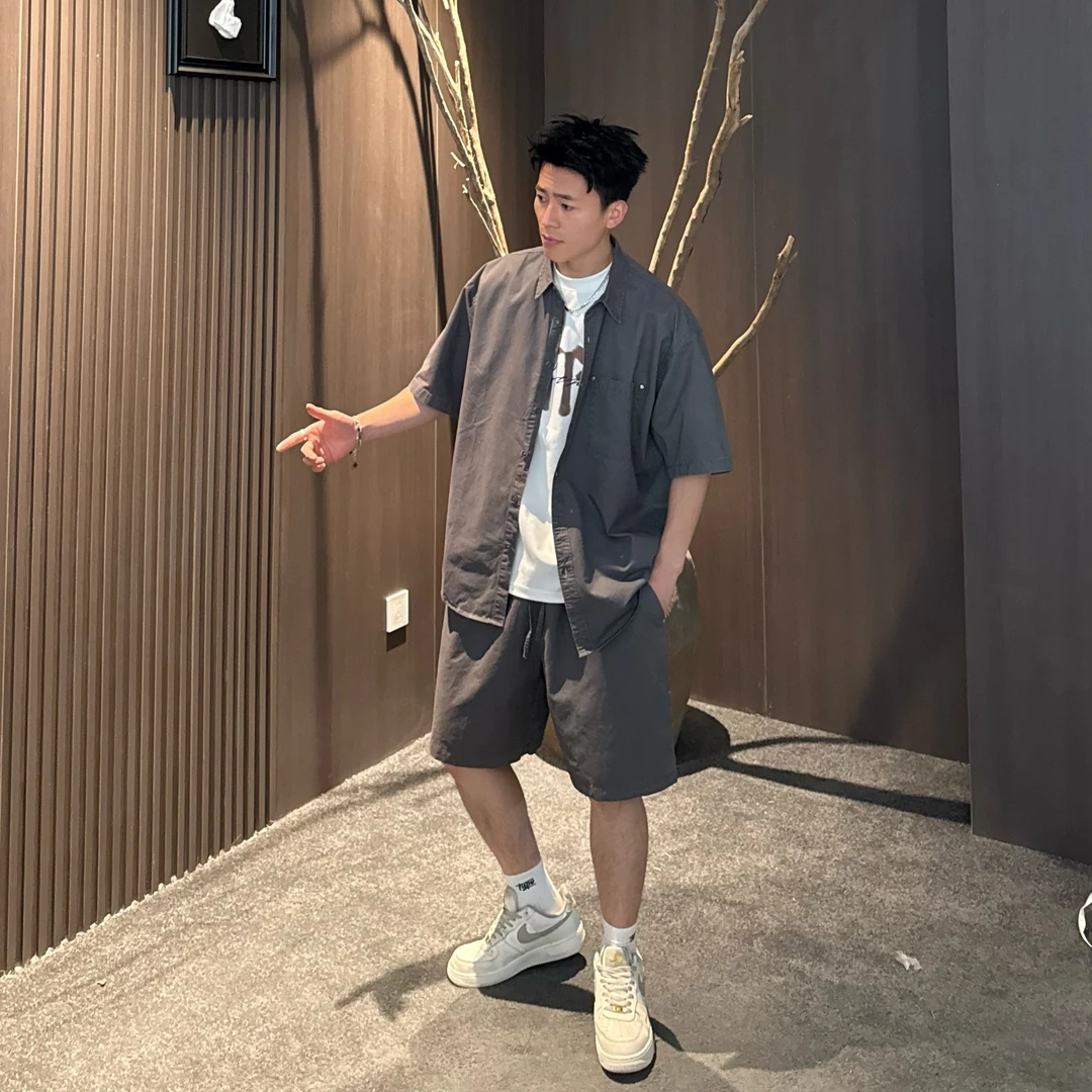 AAL2025夏季新品美式工装水洗纯棉百搭日常休闲显瘦衬衫套装381