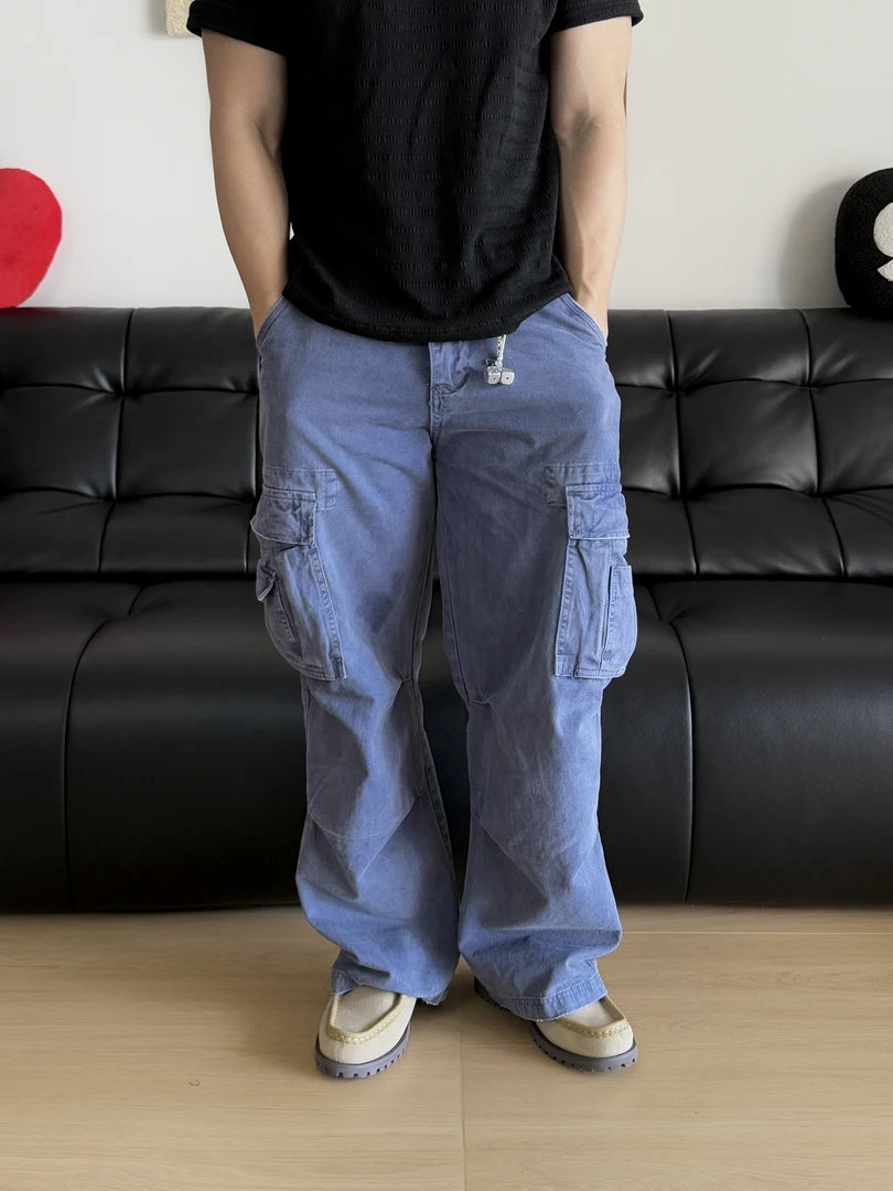 马大哈原创美式复古法工蓝工装裤多口袋压褶设计堆叠感宽松直筒裤