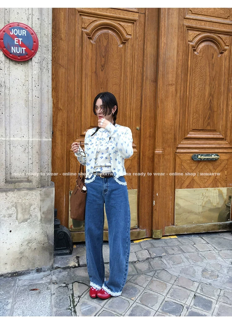 MONA 时尚潮流蕾丝设计感高级 中腰牛仔裤女小个子 2024秋冬新款