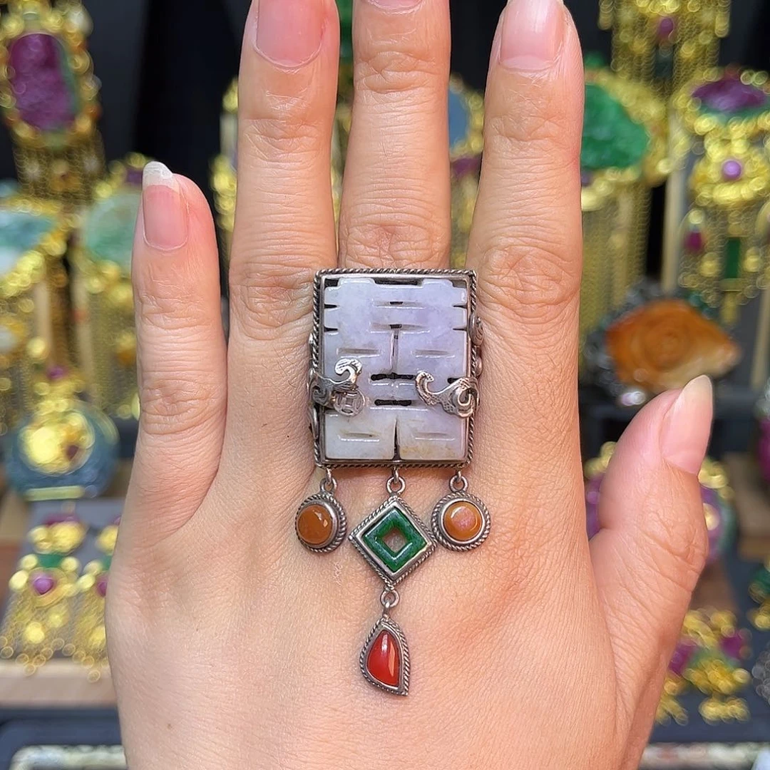 翡翠戒指银S925镶嵌紫翡双喜戒指