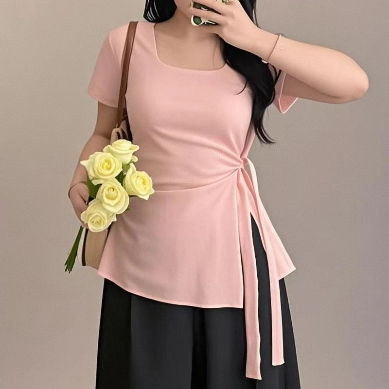 微胖mm大码不规则欧若风短袖t恤夏季女装遮肚子藏肉显瘦方领上衣