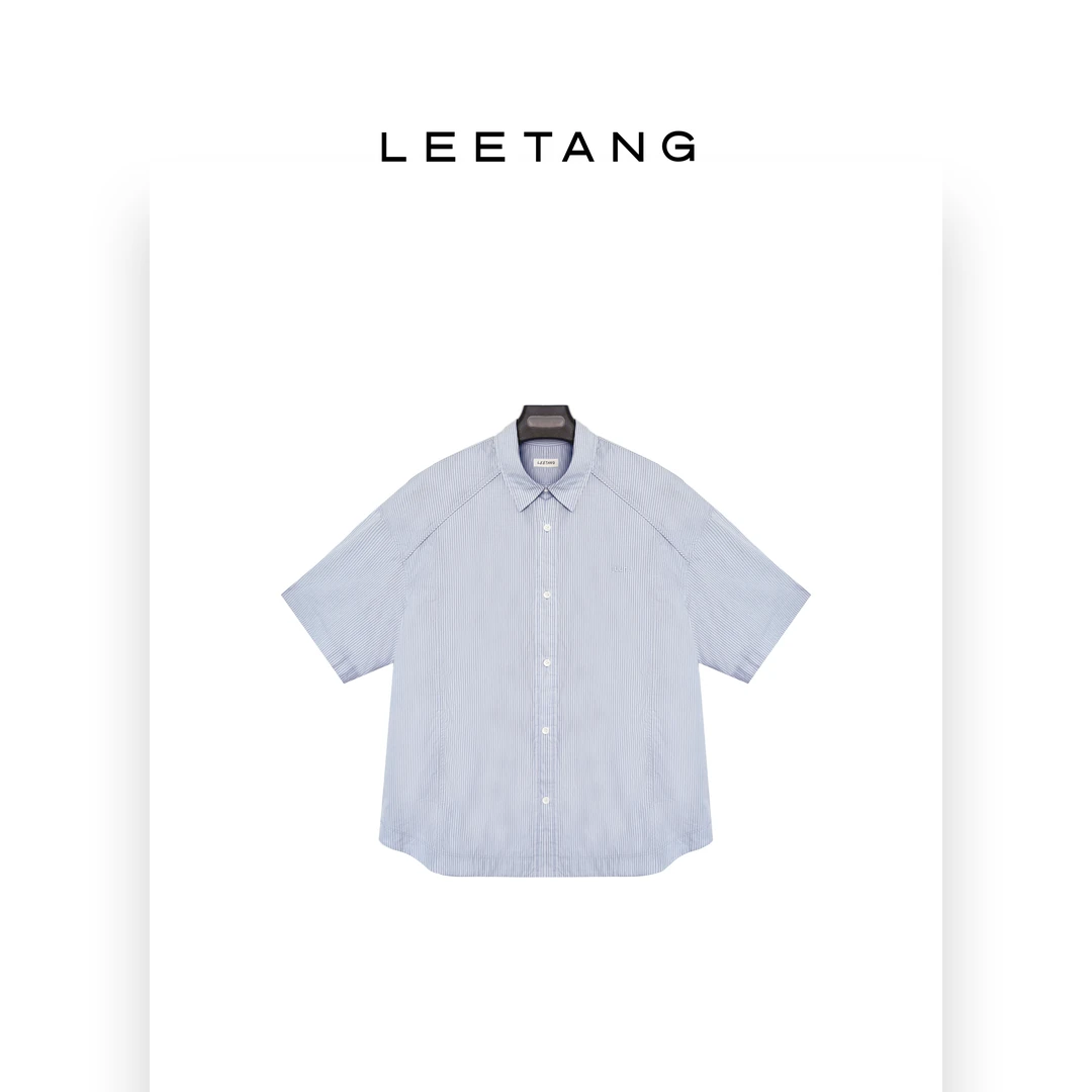 【LEETANG】蓝条纹字母刺绣短袖衬衫LT-ZS2079
