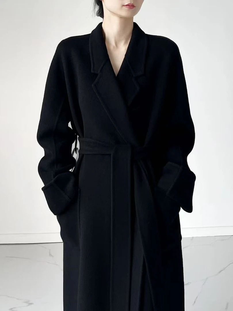 经典浴袍款双面羊毛大衣时尚气质长款毛呢外套秋冬
