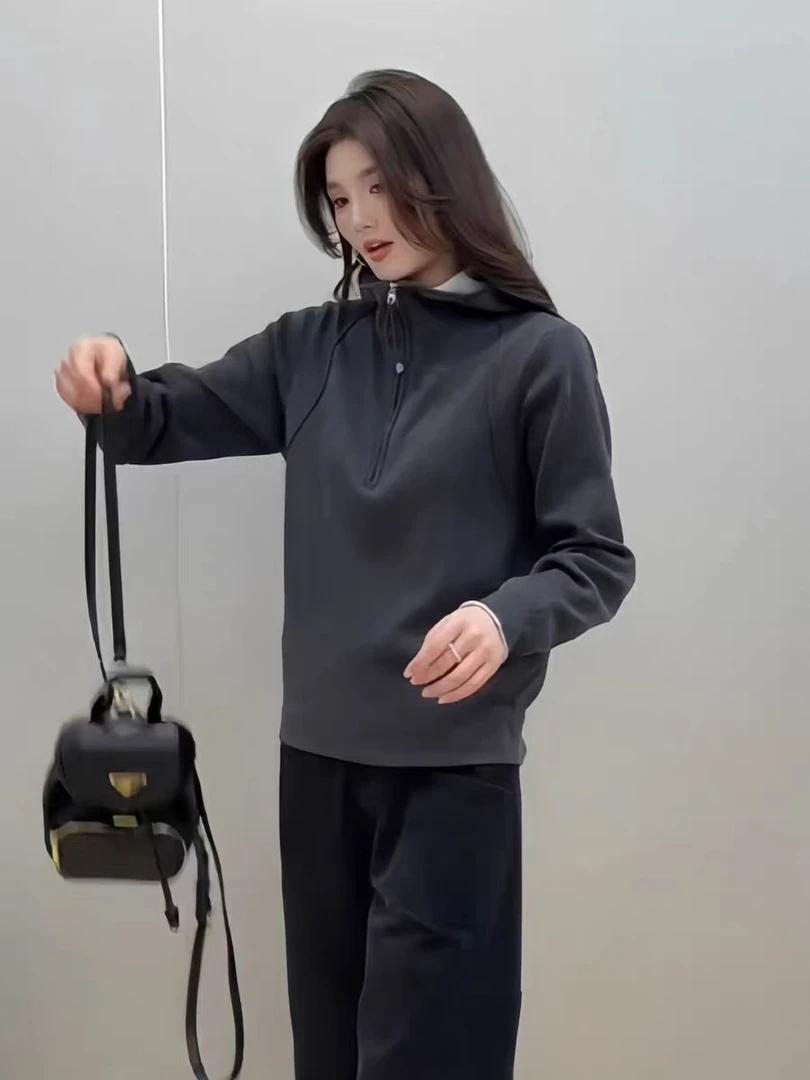 连帽拉链内搭打底衫女冬季韩版宽松小众百搭休闲加绒卫衣外套