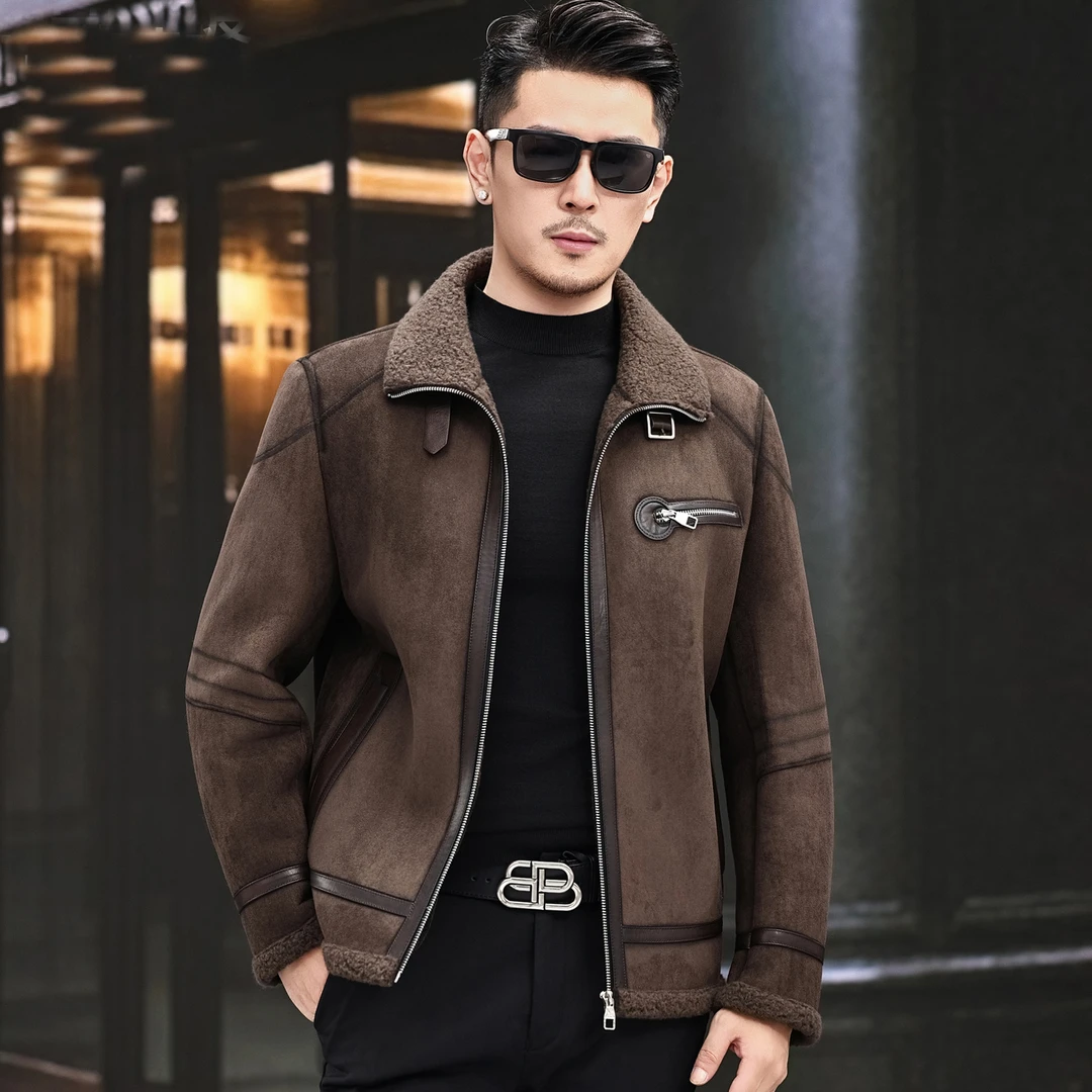 2025冬季轻奢时尚皮毛一体皮草男士羊羔毛大衣翻领潮流加绒加厚