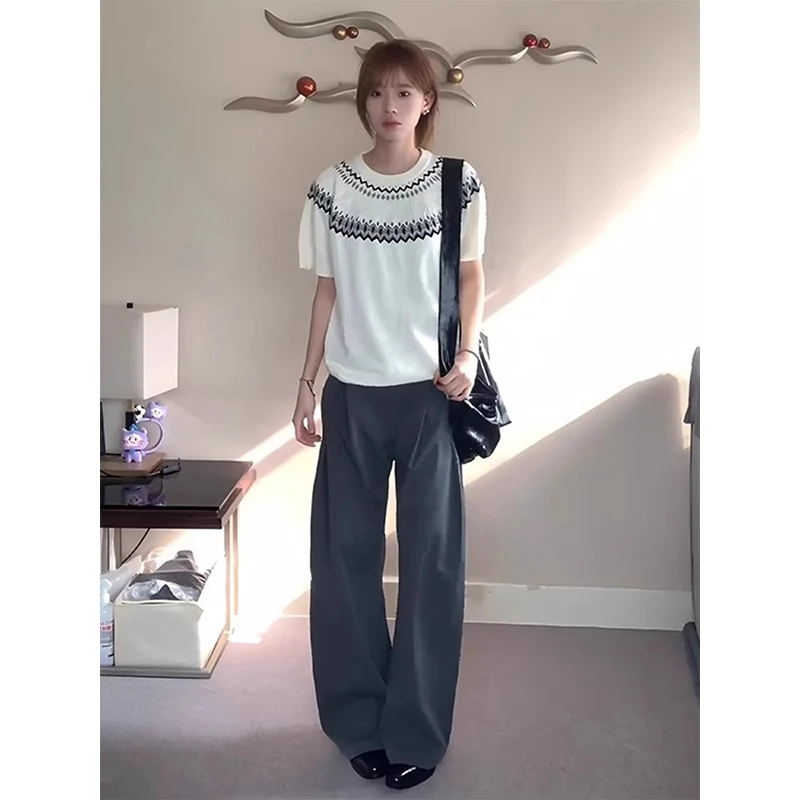 杏色费尔岛针织短袖男款夏季美式复古t恤小众设计高级感情侣半袖