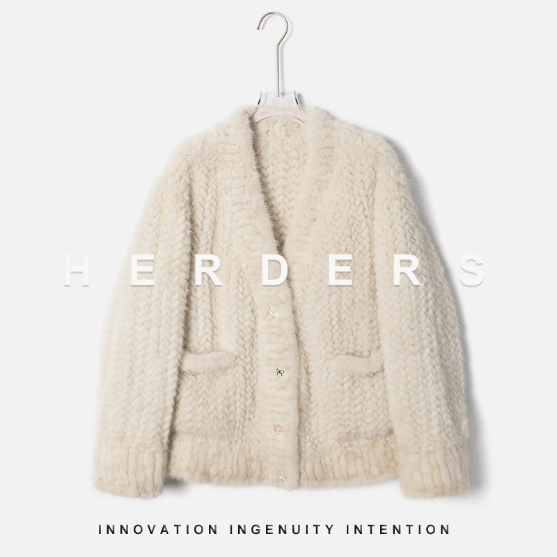 HERDERS 短款V领CC款珍珠编织水貂外套 256895