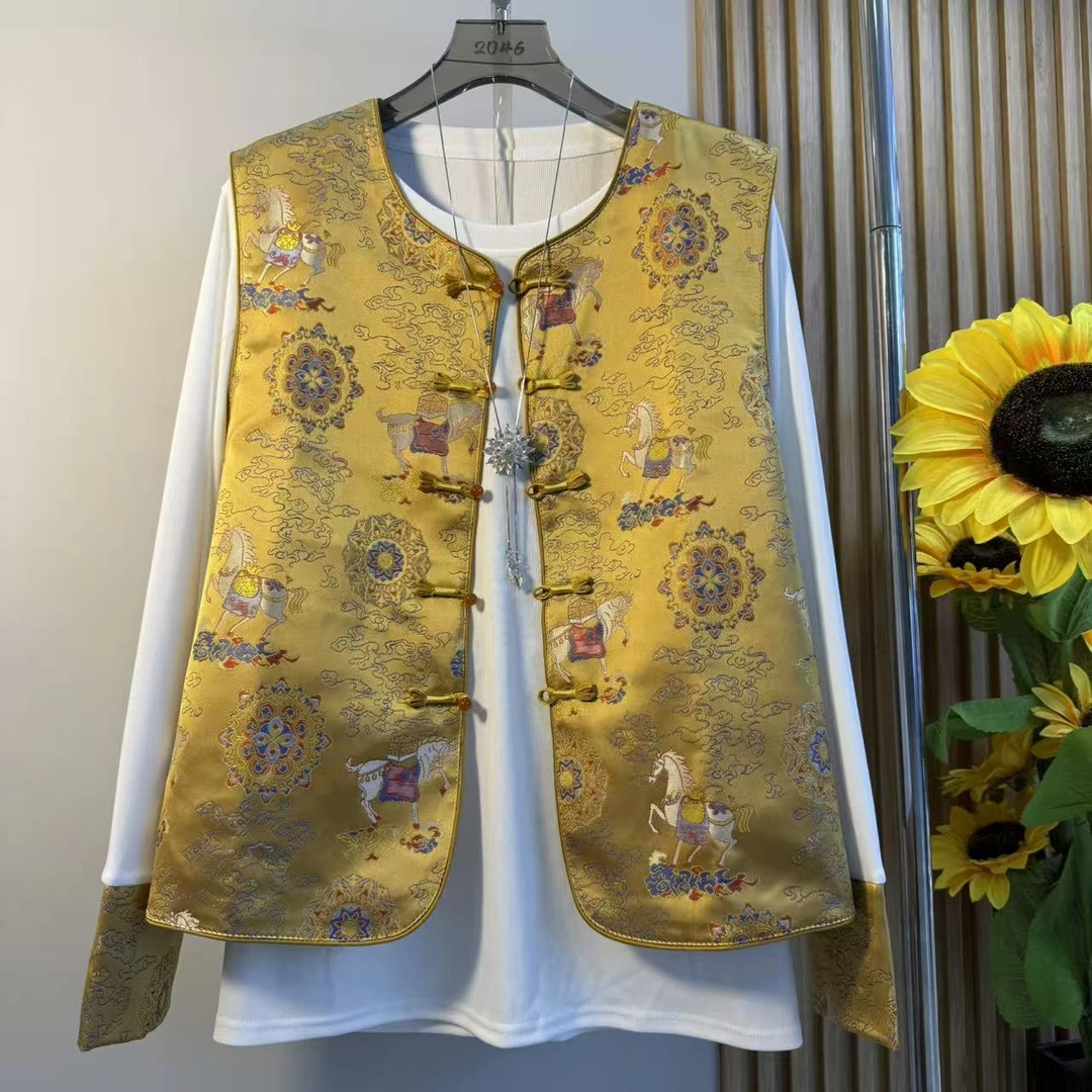 大码女装时尚休闲洋气套装2025中国风印花马甲遮肉显瘦胖mm两件套