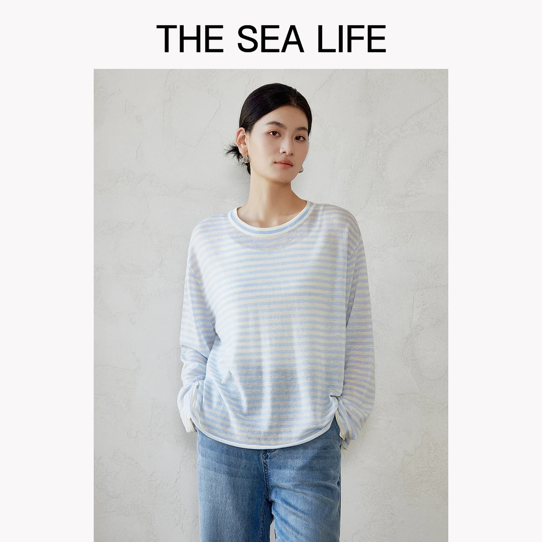 THESEALIFE欧海一生圆领条纹针织衫女2025秋季新款毛衫上衣210138