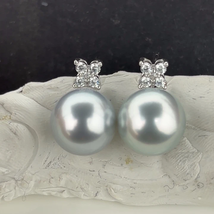 定制海水珍珠银S925镶嵌耳饰11.6-11.7mm铂金灰青草绿对珠