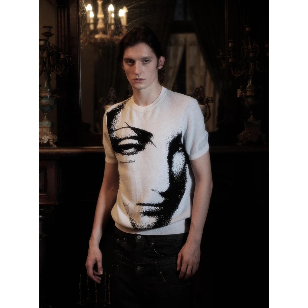 WANNA LAB 25SS特蕾莎大剑人脸提花正肩毛衣 亲肤针织短袖男女T恤