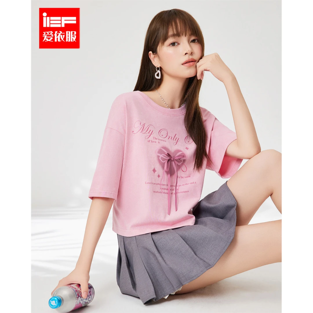 IEF/爱依服短袖2025春夏新款甜美女孩子时尚减龄百搭设计感短T恤