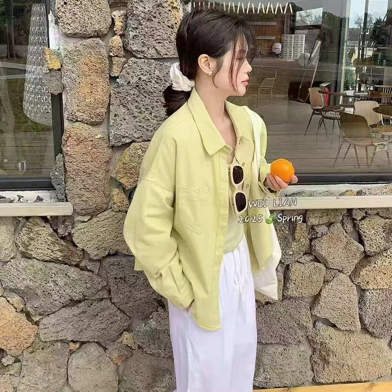 春季新款纯棉刺绣宽松显瘦短款洗水棉衬衫女百搭上衣外套牛仔衬衣