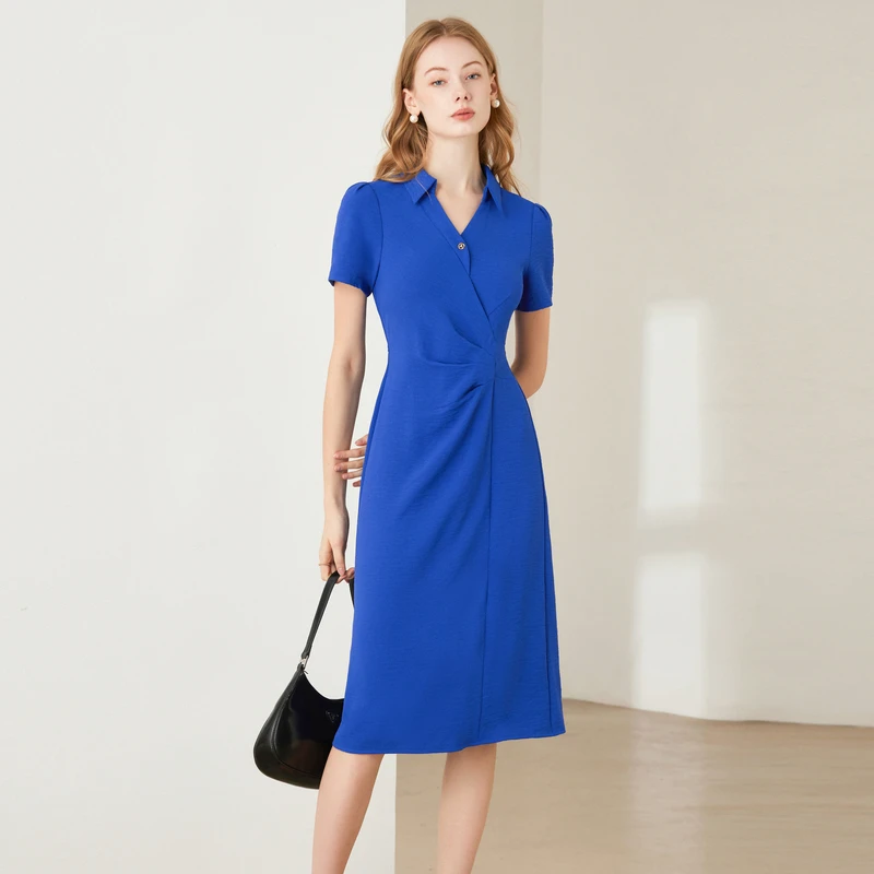优雅商务风摩登设计感POLO领连衣裙长裙裙子女2025夏季款侧腰收褶