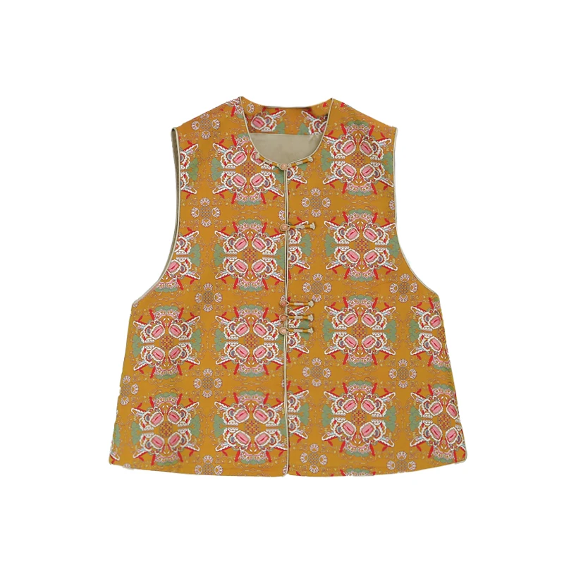 钱小萍四重围双狮戏球纹锦圆领对襟马甲12495-1