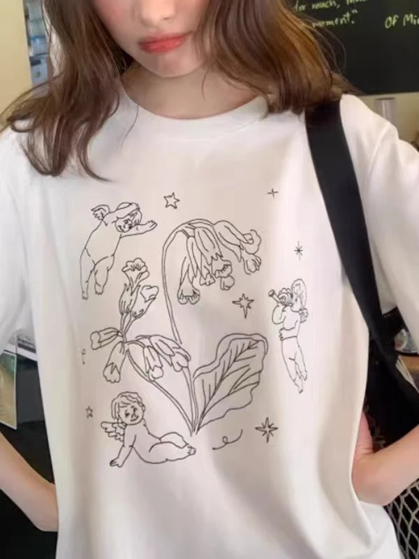 2025年夏季今年流行的女装白色天使印花T恤短袖巨好看设计感上衣