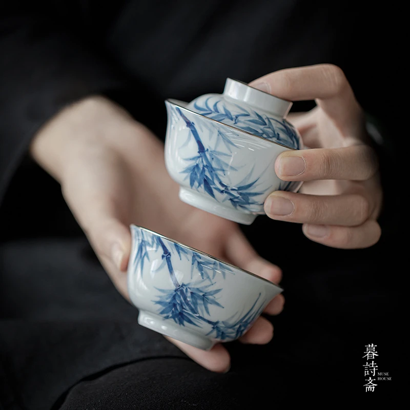 暮诗斋青花竹子系列釉下彩手绘盖碗茶杯主人杯旅行茶具功夫茶具