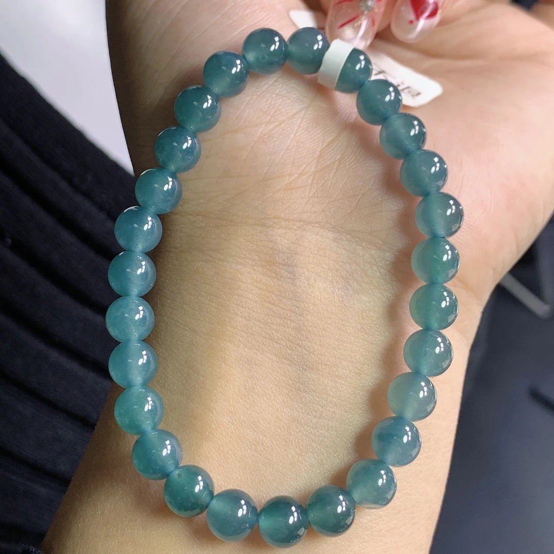 天然保真翡翠A货玉石冰种冰胶老蓝水圆珠天空蓝手串j卡6.8mm配证