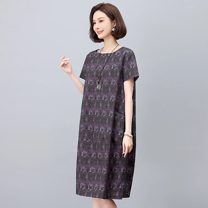 纯棉连衣裙女夏季2025新款高端妈妈宽松休闲遮肚气质直筒中长裙子