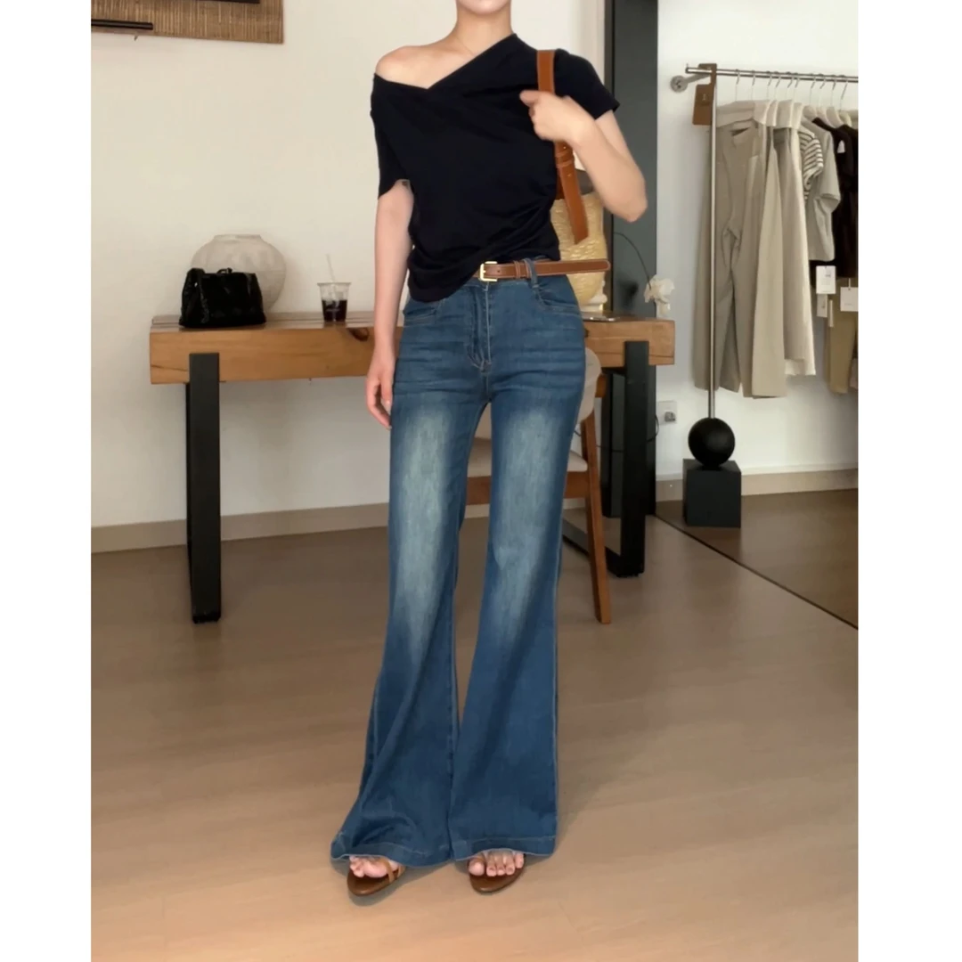 高腰牛仔裤修身显瘦微喇百搭时尚港风微弹力裤子563