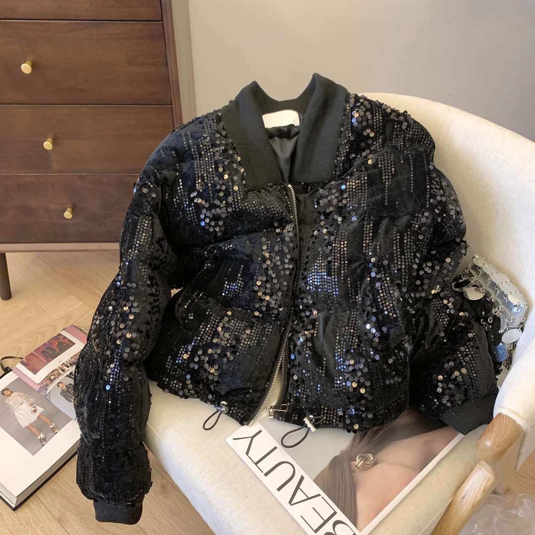 小香风渐变亮片棉服外套女保暖秋季设计感别致漂亮丝绒棒球服加厚