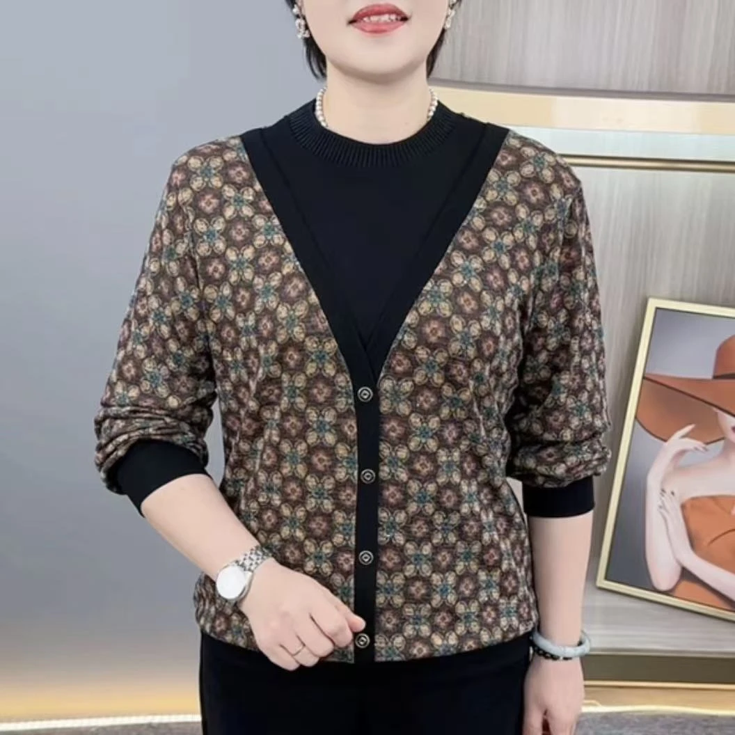 秋冬新款时尚圆领长袖假两件气质妈妈装休闲百搭打底上衣H6608
