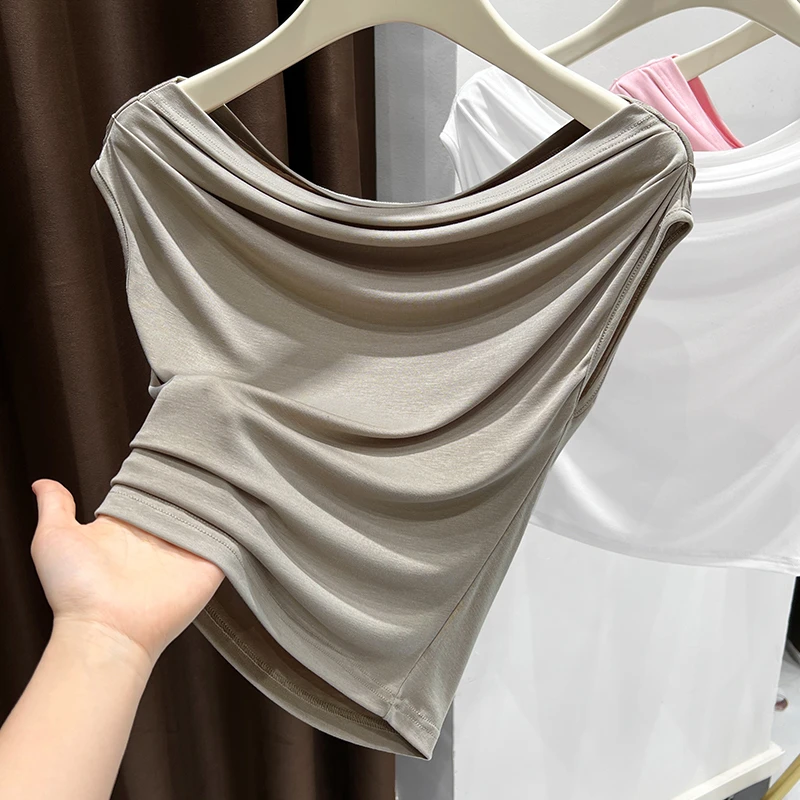 咖色设计感一字领露肩薄款无袖T恤女新款纯欲修身显瘦打底衫上衣