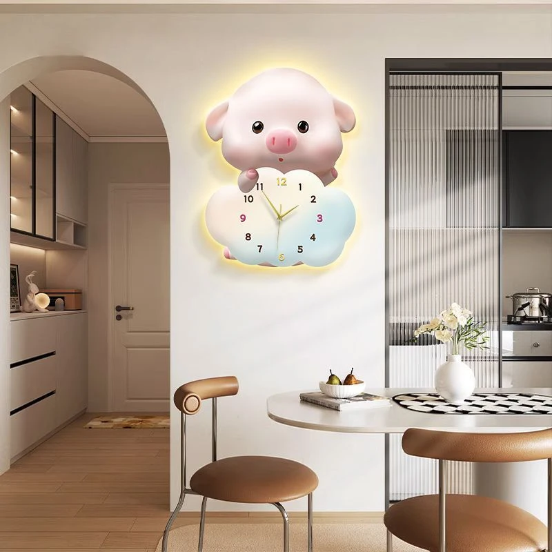 奶油小猪钟表客厅挂钟装饰画简约现代家居创意表挂墙静音时钟灯画