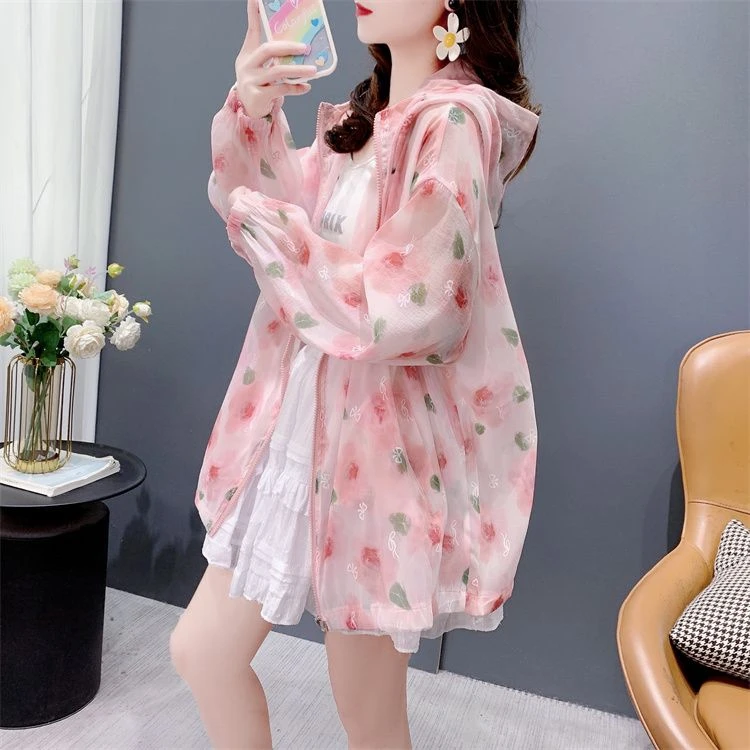 连帽防晒服外套女夏季2025新款宽松休闲轻薄透气碎花长袖雪纺上衣