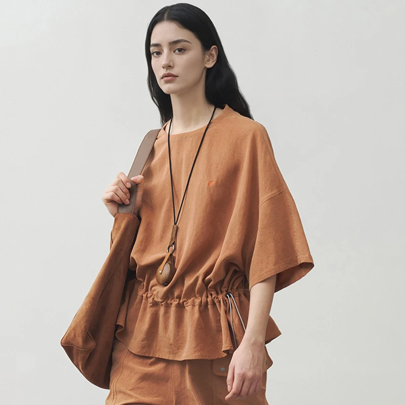 半圆天丝亚麻女装[文艺]2025夏季圆领宽松廓形感t恤女25221629