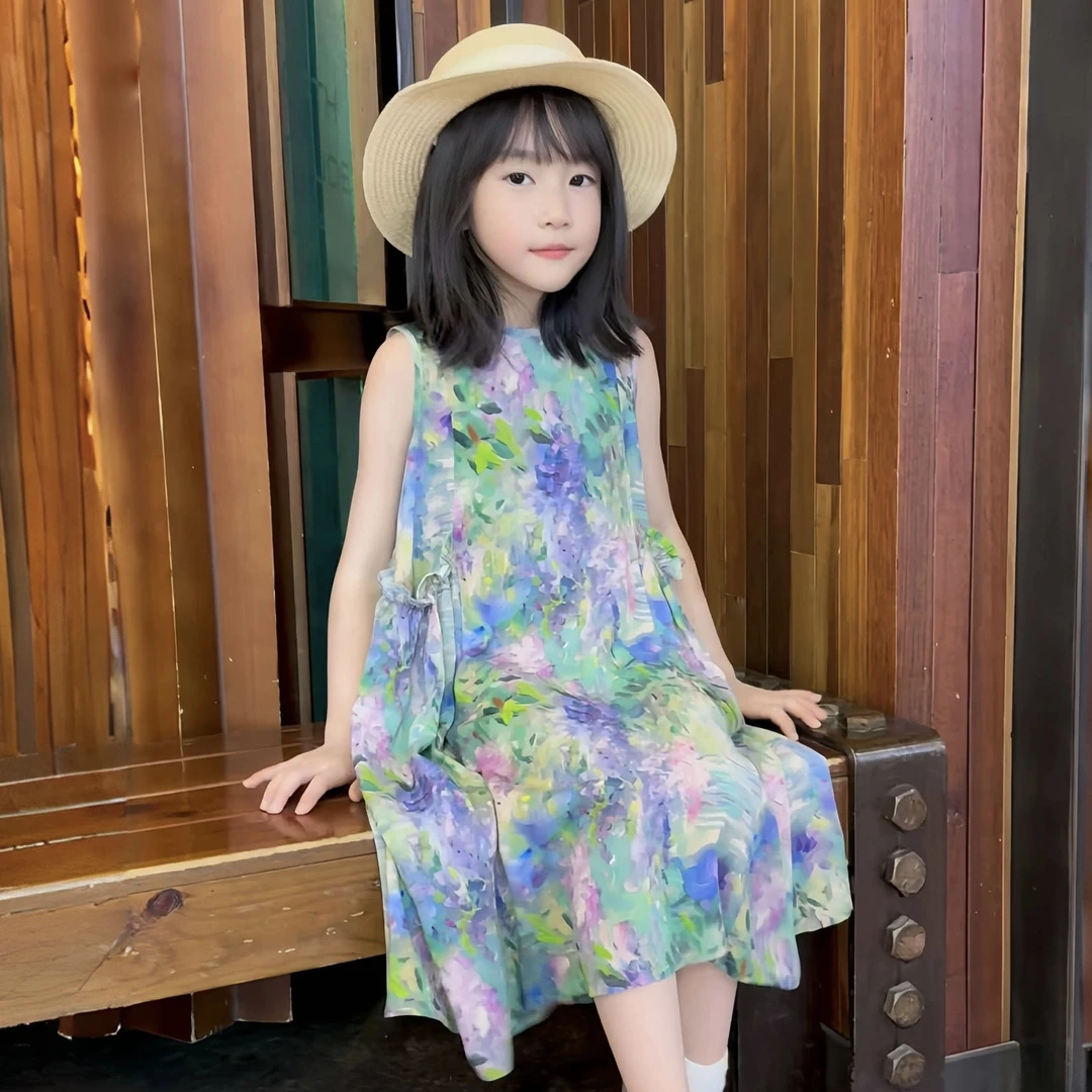 【油画笔触】儿童夏季背心裙法式田园风2025夏季新款连衣裙