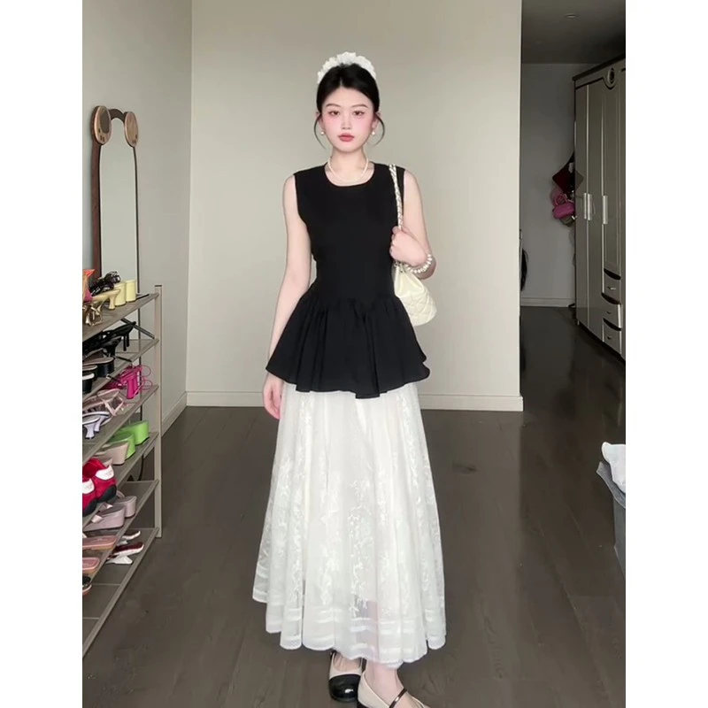 2025夏季新款法式高级感黑色收腰无袖背心上衣女蕾丝半身裙两