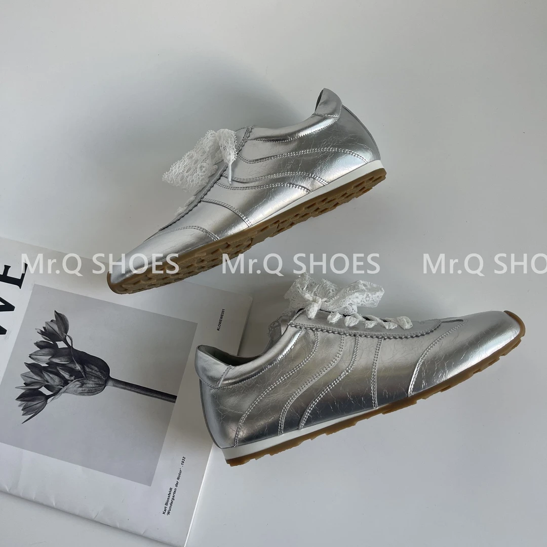 34-40码/跟高2cm/银金/复古圆头蕾丝边系带百搭软低减龄德训鞋